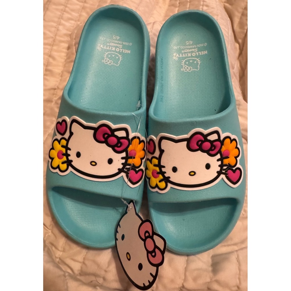 NWT Hello Kitty Sanrio Slides Kids 4/5 Turquoise Y2K Kawaii Slip On pool Sandals